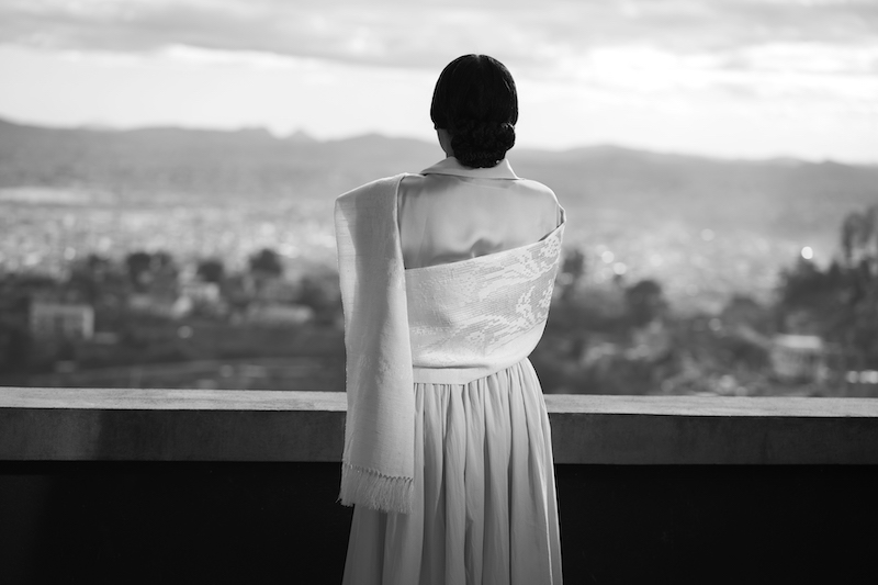 black & white photograph of a woman seen from behind wearing an elegant dress, standing at a balustrade infront of a wide landscape 