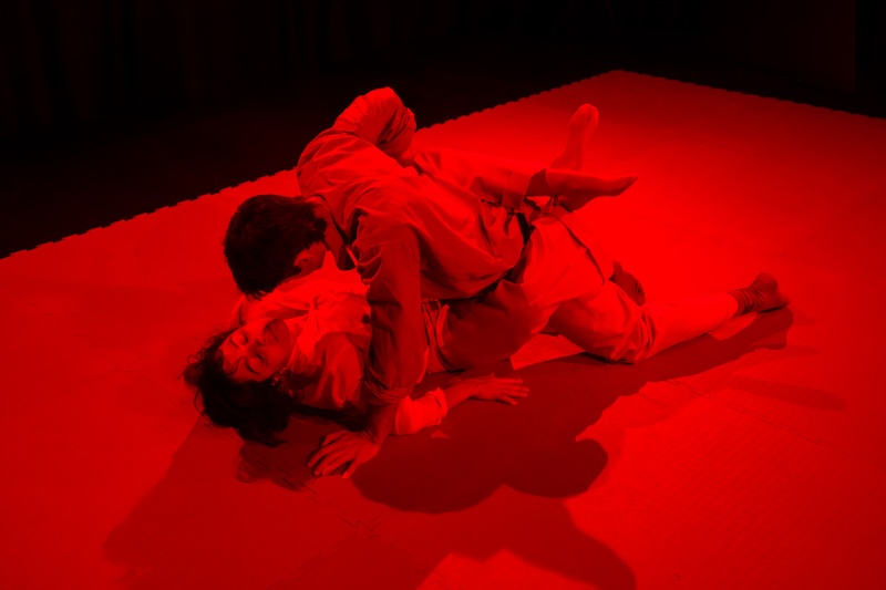 Two performers closely intertwined with each other on a stage lit in red