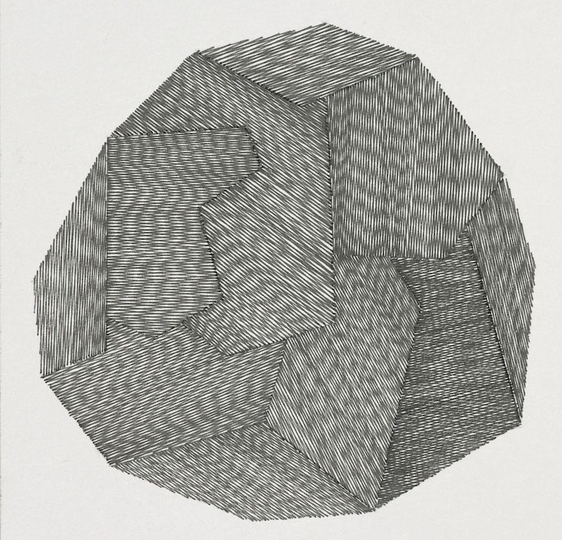 Black ink drawing of a geometric form with hatched surfaces 