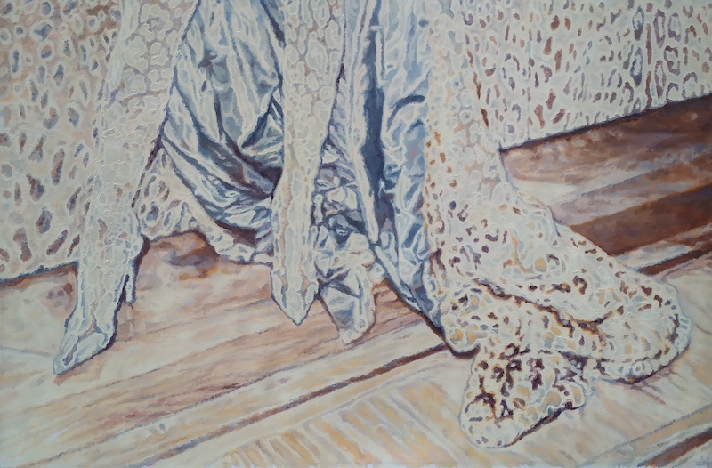 a painting of someone wearing womens boots and a cape  
