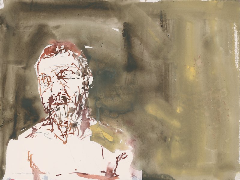 Watercolour painting in earth tones with a silhouette of a man made out of lines