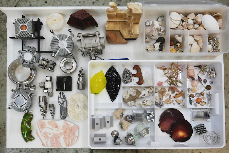 A table with all kinds of objects such as sea shells and metal parts