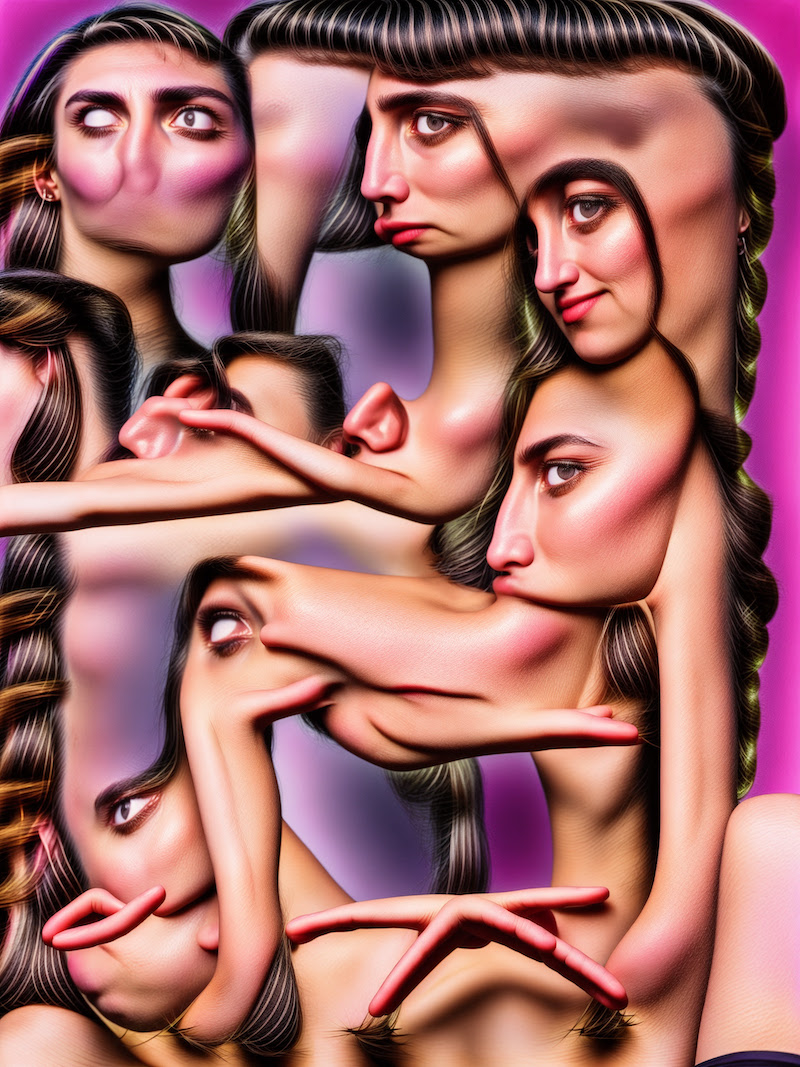 female faces morphimg into each other on a purple background